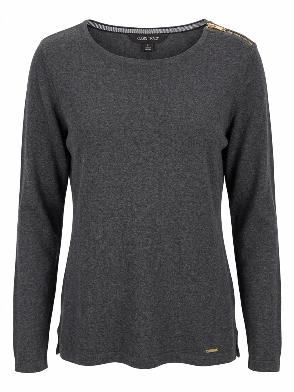 Ellen Tracy Charcoal Long-Sleeve Top with Shoulder Zip Accent